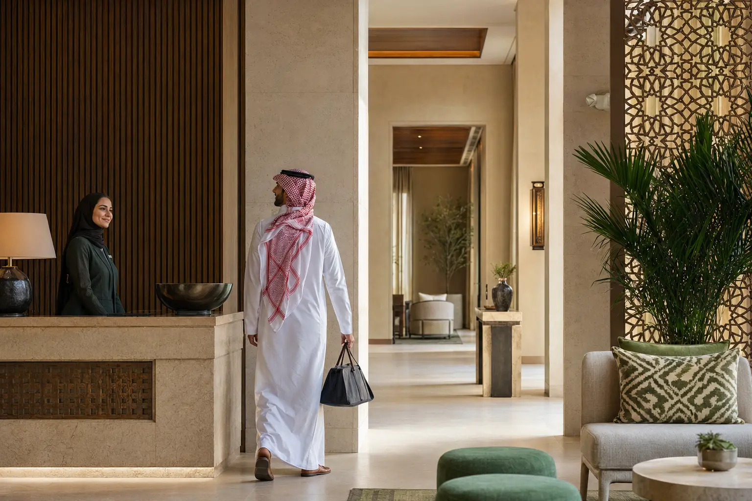 صورة تعبيرية مولّدة لردهة أصل ضيافي سعودي معاصر في الرياض