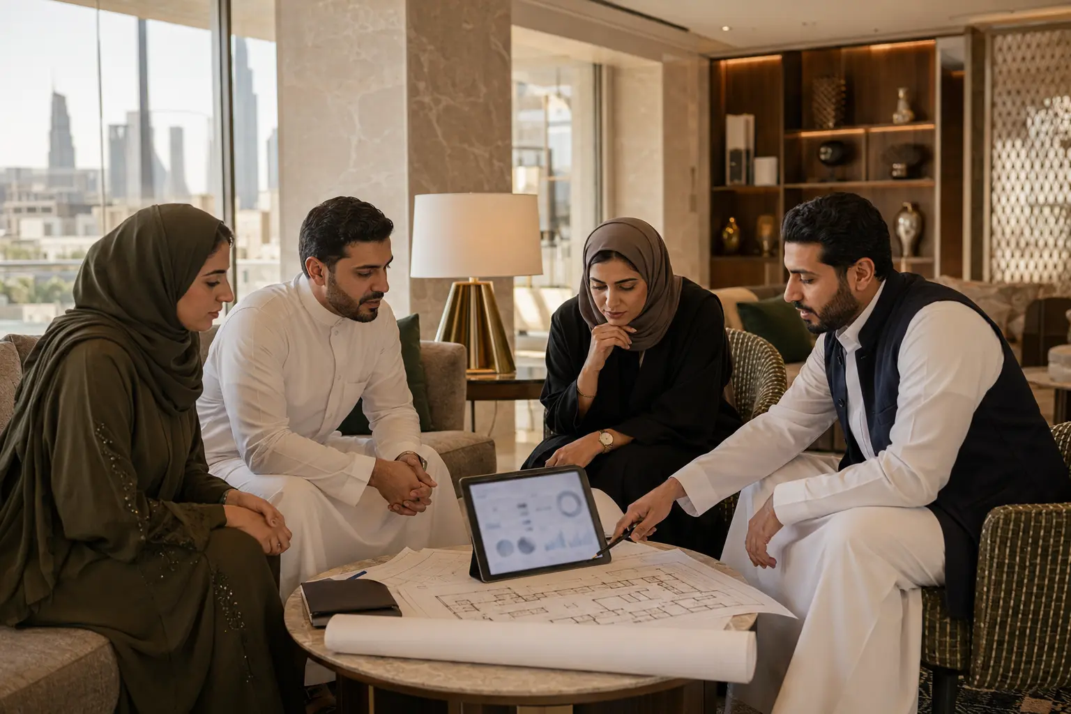 صورة تعبيرية مولّدة لفريق سعودي يراجع مخططات وأدلة جاهزية أصل ضيافي